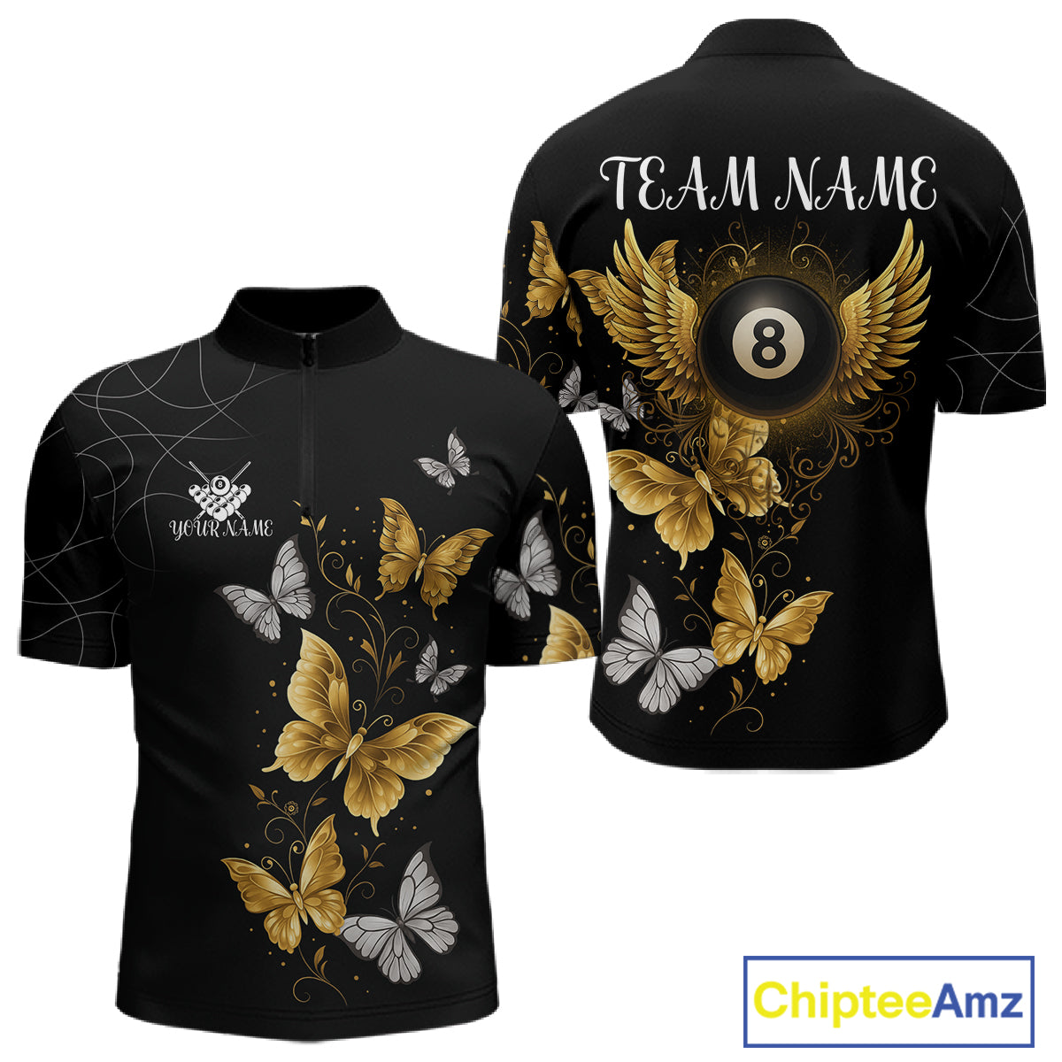 Personalized Golden 8 Ball Wings Butterflies Billiard Shirt For Men Custom Funny Pool Team Jersey TDM4777