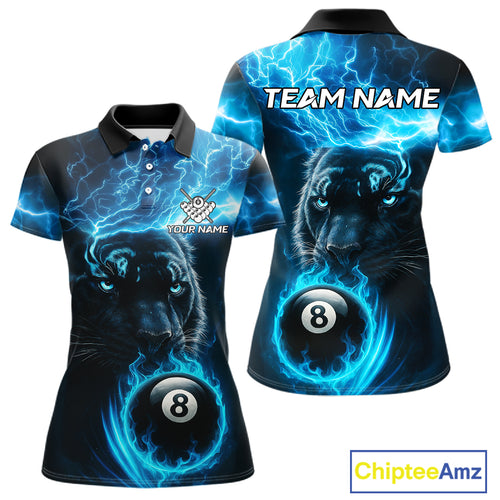 Custom Panther Billiard Polo & 1/4 Zip For Women, Blue Flame 8 Ball Lightning Pool Team Jersey TDM4580