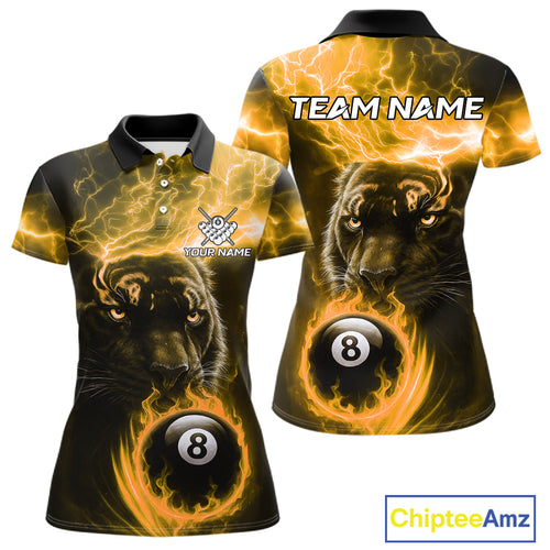 Custom Panther Billiard Polo & 1/4 Zip For Women, Yellow Flame 8 Ball Lightning Pool Team Jersey TDM4581