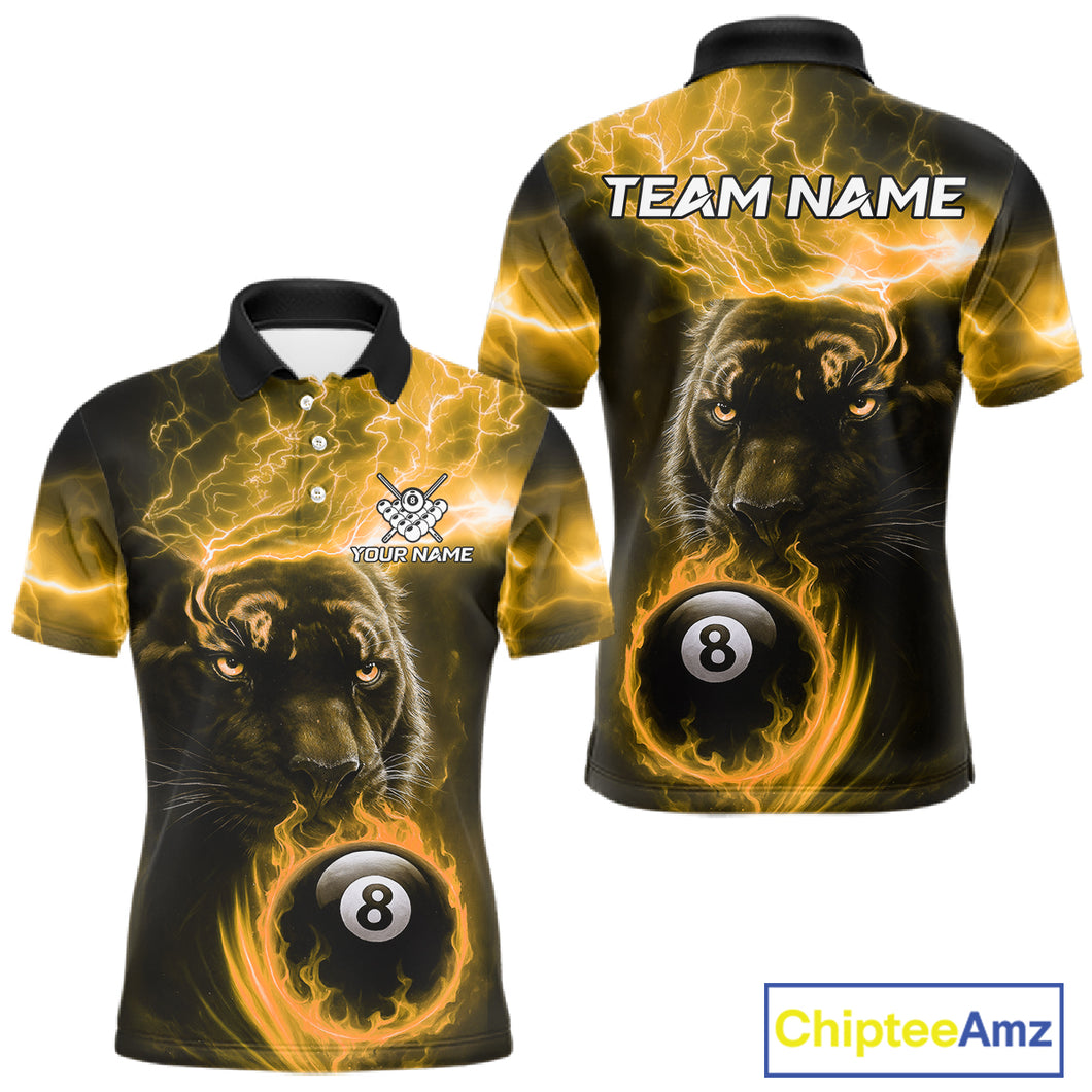 Custom Panther Billiard Polo & 1/4 Zip For Men, Yellow Flame 8 Ball Lightning Pool Team Jersey TDM4581