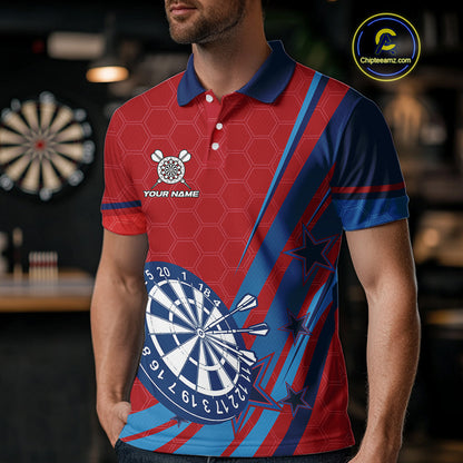 Red And Blue Stars Darts Shirt For Men Custom Dartboard Jerseys Team Polo & 1/4 Zip, Darts Outfit TDM4357
