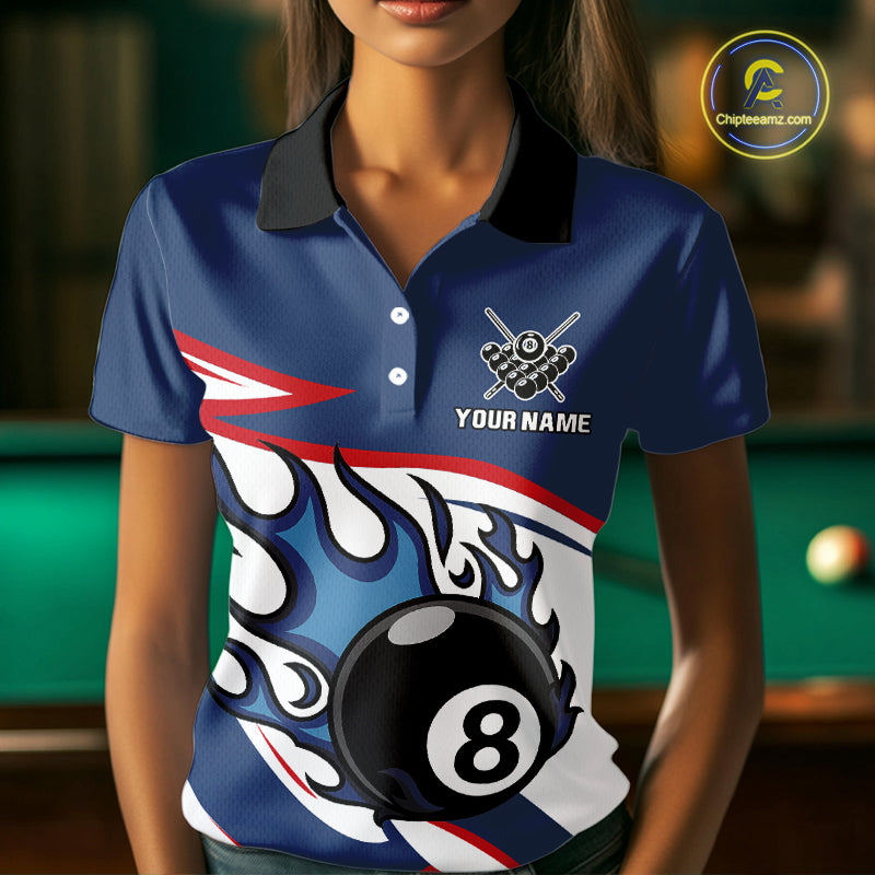 Red, White And Blue 8 Ball Flame Billiard Shirt For Women Custom Billiard Team Jersey Polo & 1/4 Zip TDM4202