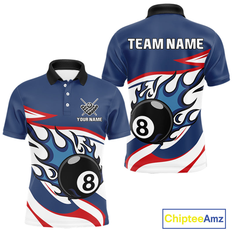 Red, White And Blue 8 Ball Flame Billiard Shirt For Men Custom Billiard Team Jersey Polo & 1/4 Zip TDM4202