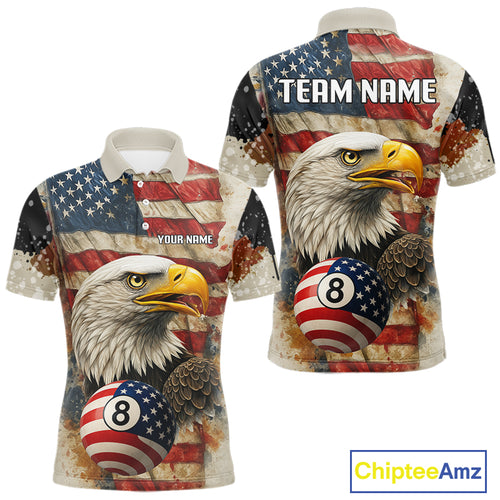 Personalized Patriotic Eagle 8 Ball Billiard Shirt For Men, Vintage American Flag Pool Team Jersey TDM4218