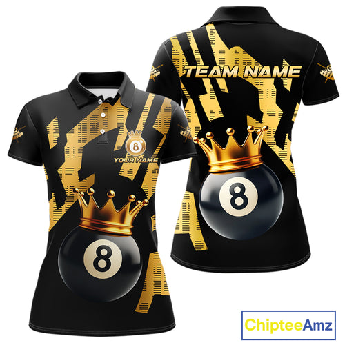 Black And Golden 8 Ball Crown Billiard Shirt For Women Custom Pool Team Jerseys Polo & Quarter Zip TDM4371