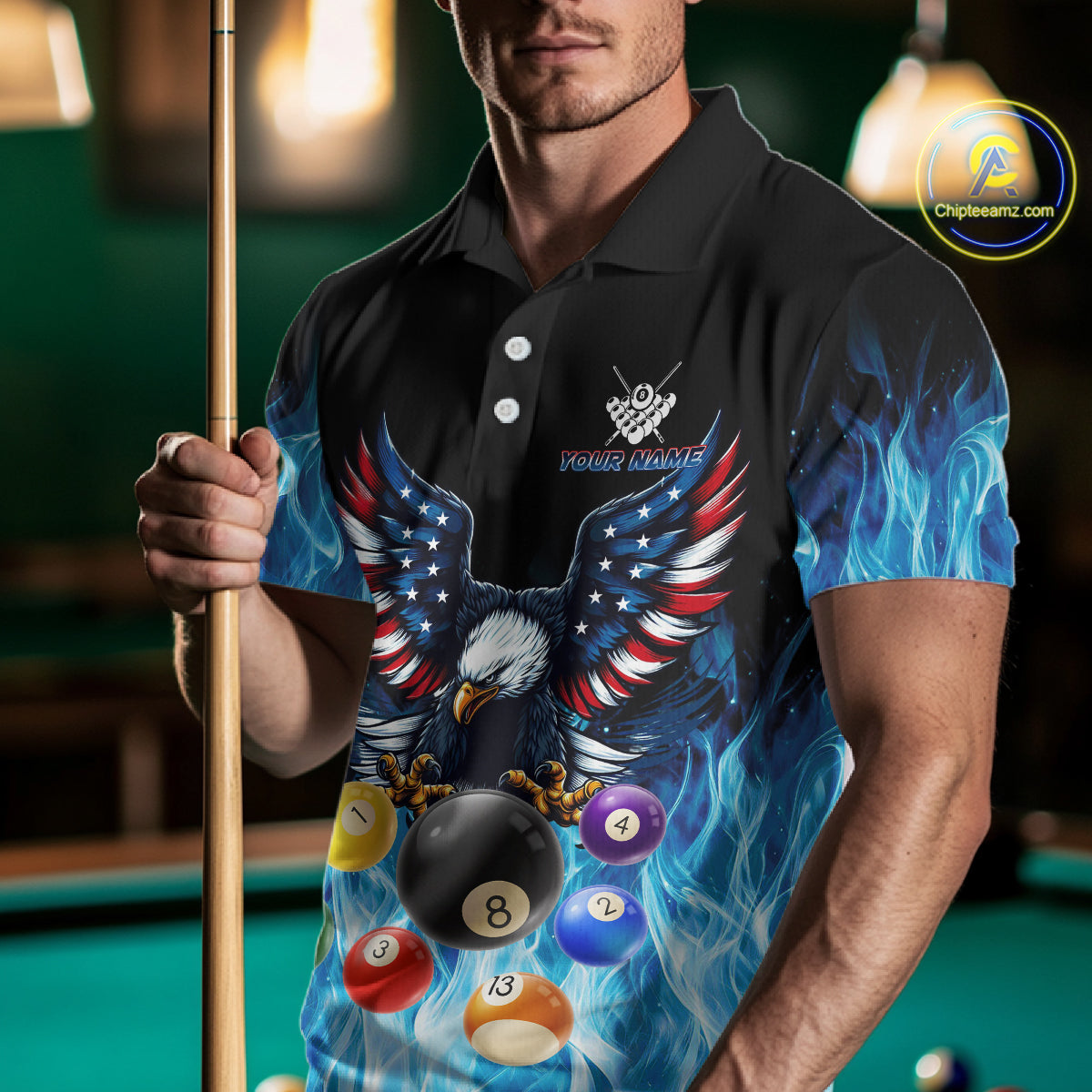 Personalized American Flag Eagle Billiard Ball Pool Shirt For Men Custom Billiard Team Jersey|Blue TDM4806