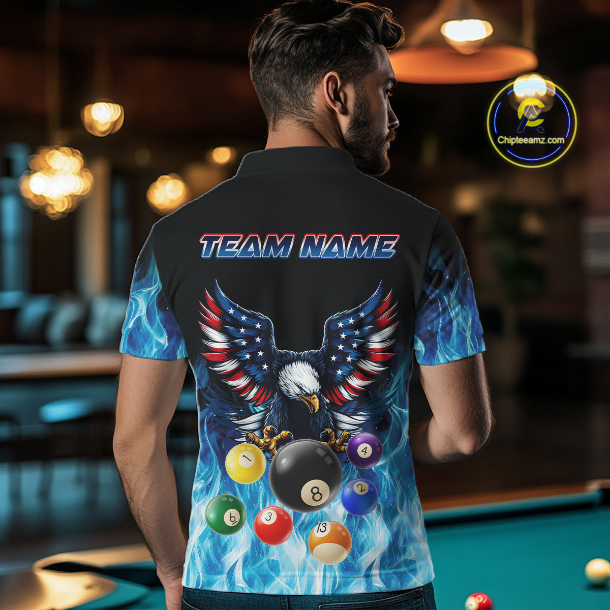 Personalized American Flag Eagle Billiard Ball Pool Shirt For Men Custom Billiard Team Jersey|Blue TDM4806