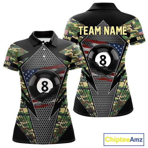 Military Green Camo 8 Ball Pool Billiard Shirt For Women Custom Patriotic US Flag Billiard Jerseys TDM4222