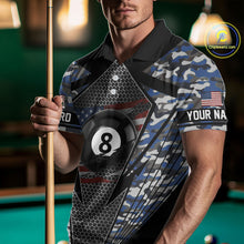 Load image into Gallery viewer, Personalized Blue Camo 8 Ball Pool Billiard Shirt For Men, Patriotic US Flag Billiard Team Jersey TDM4223