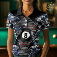 Load image into Gallery viewer, Personalized Blue Camo 8 Ball Pool Billiard Shirt For Women, Patriotic US Flag Billiard Team Jersey TDM4223