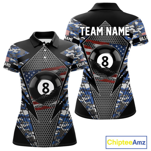 Personalized Blue Camo 8 Ball Pool Billiard Shirt For Women, Patriotic US Flag Billiard Team Jersey TDM4223