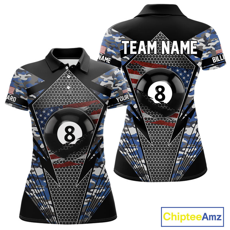 Personalized Blue Camo 8 Ball Pool Billiard Shirt For Women, Patriotic US Flag Billiard Team Jersey TDM4223