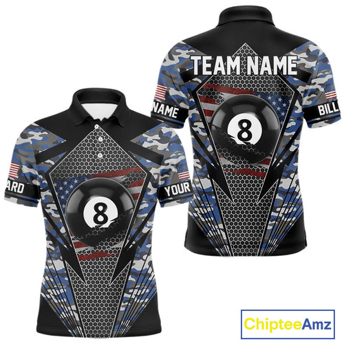 Personalized Blue Camo 8 Ball Pool Billiard Shirt For Men, Patriotic US Flag Billiard Team Jersey TDM4223