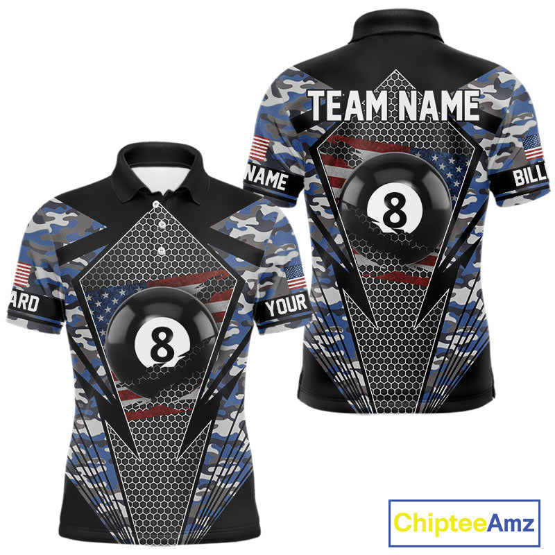 Personalized Blue Camo 8 Ball Pool Billiard Shirt For Men, Patriotic US Flag Billiard Team Jersey TDM4223