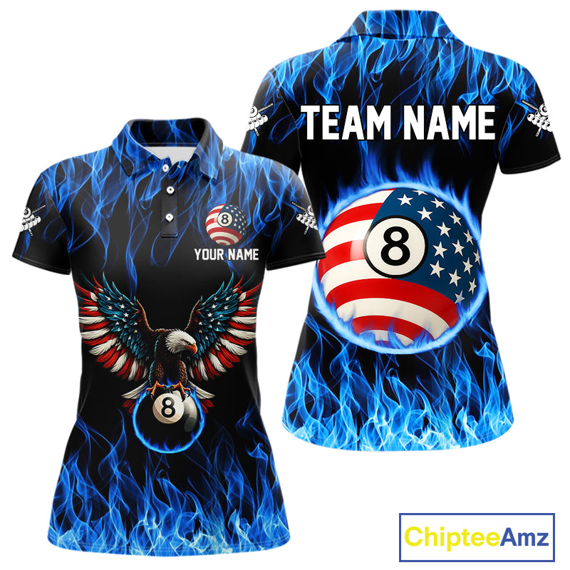 Blue Flaming American Flag Eagle 8 Ball Billiard Shirt For Women Custom Patriotic Pool Team Jersey TDM4231