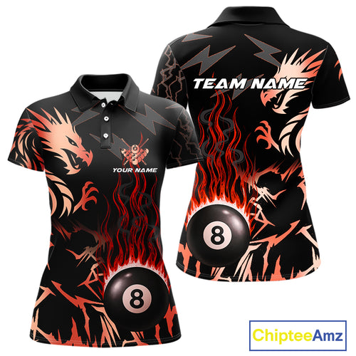 Black And Red Flaming 8 Ball Pool Shirt For Women Custom Dragon Billiards Team Jersey Polo & 1/4 Zip TDM4812