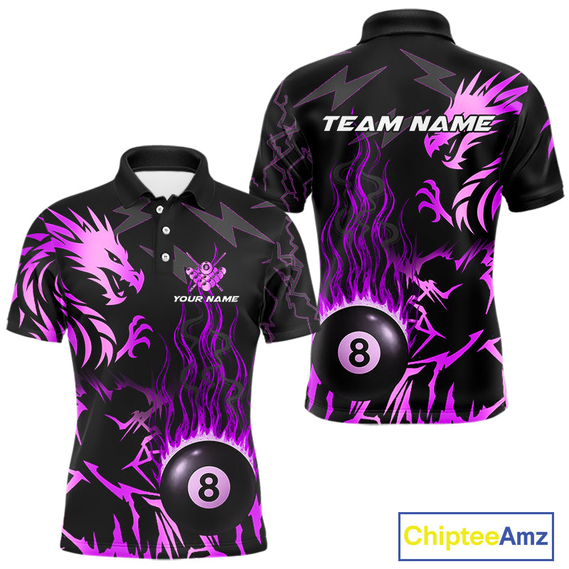 Black And Purple Flaming 8 Ball Pool Shirt For Men Custom Dragon Billiard Jersey Polo & 1/4 Zip TDM4813