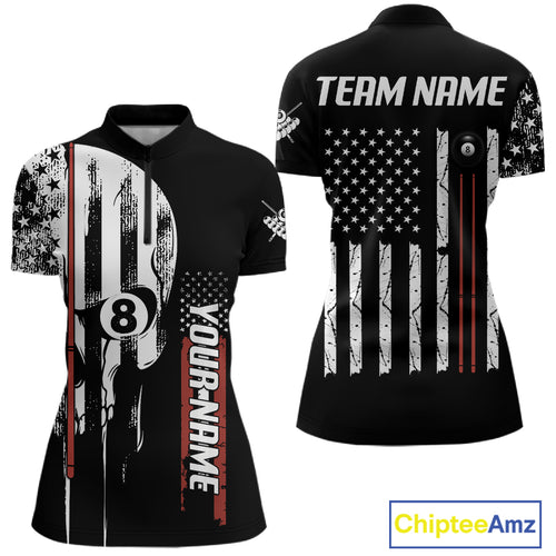 Personalized 8 Ball Skull Billiard Shirt For Women, American Flag Pool Team Jerseys Polo & 1/4 Zip TDM4629