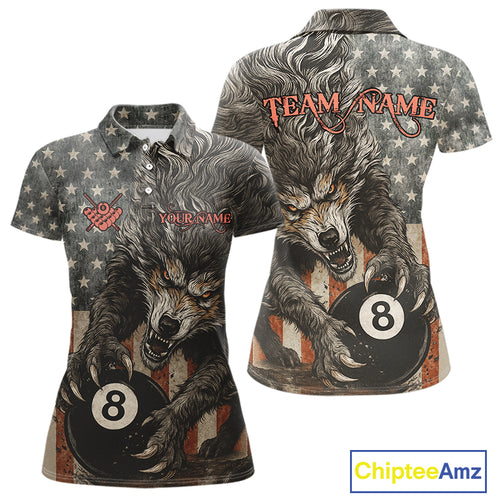 Personalized Vintage American Flag Wolf Billiard Shirt For Women, 8 Ball Pool Billiard Team Jerseys TDM4242