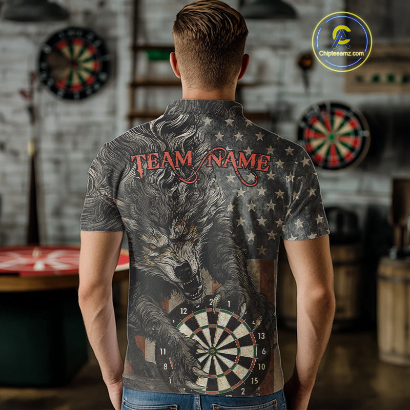Personalized Vintage American Flag Wolf Darts Shirt For Men, Patriotic Dart Team Jerseys TDM4243