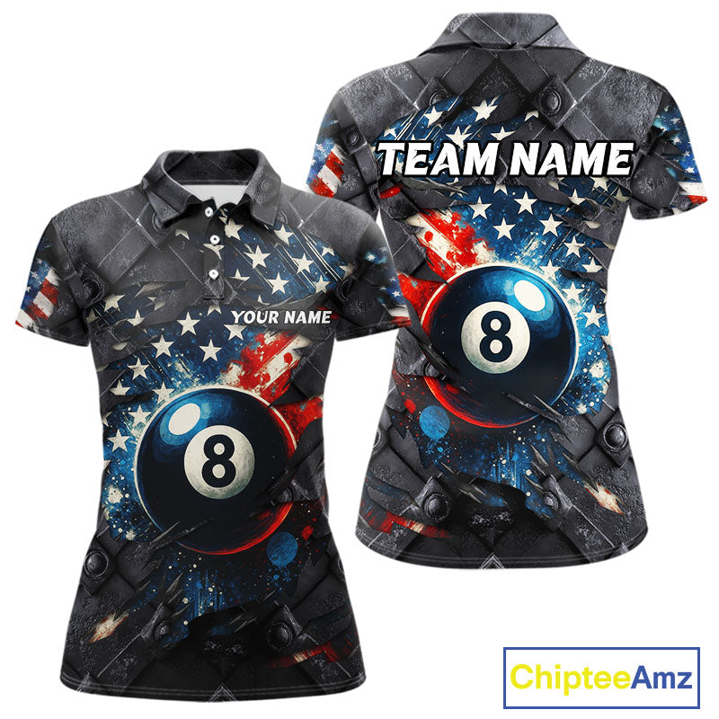Personalized Grunge American Flag 8 Ball Billiard Shirt For Women Custom Patriotic Pool Team Jersey TDM4419