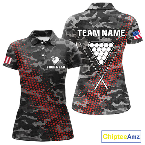 Personalized Red & Grey Camo Billiard Shirt For Women, 8 Ball Billiard Jersey Team Polo & 1/4 Zip TDM4431