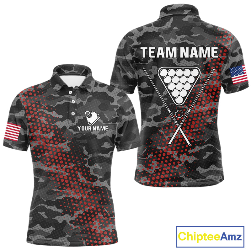 Personalized Red & Grey Camo Billiard Shirt For Men, 8 Ball Billiard Jersey Team Polo & 1/4 Zip TDM4431