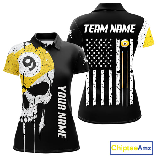 Personalized 9 Ball Skull Billiard Shirt For Women, American Flag Pool Team Jerseys Polo & 1/4 Zip TDM4257