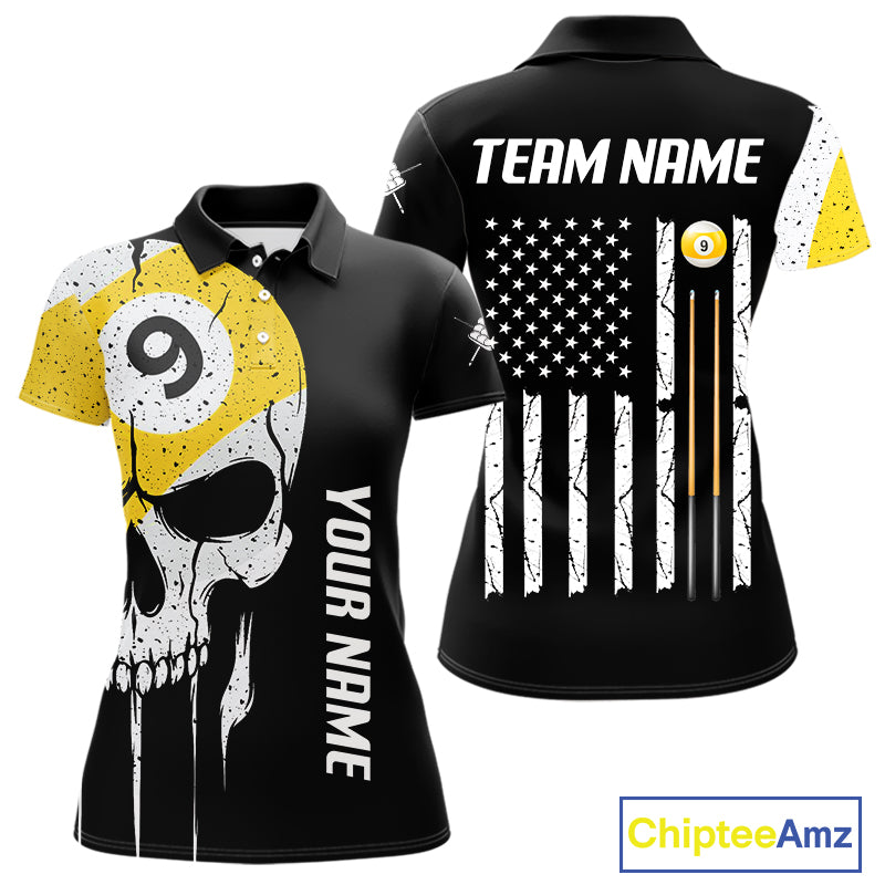 Personalized 9 Ball Skull Billiard Shirt For Women, American Flag Pool Team Jerseys Polo & 1/4 Zip TDM4257
