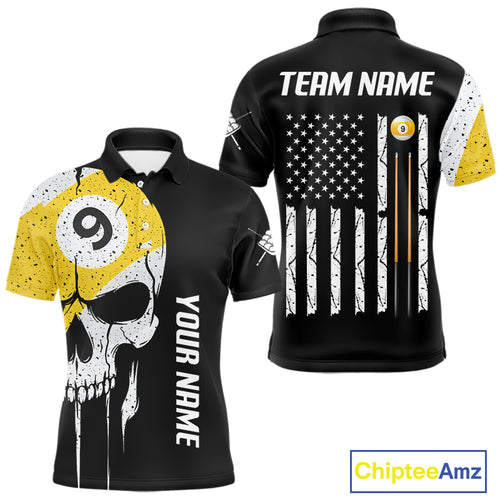 Personalized 9 Ball Skull Billiard Shirt For Men, American Flag Pool Team Jerseys Polo & 1/4 Zip TDM4257