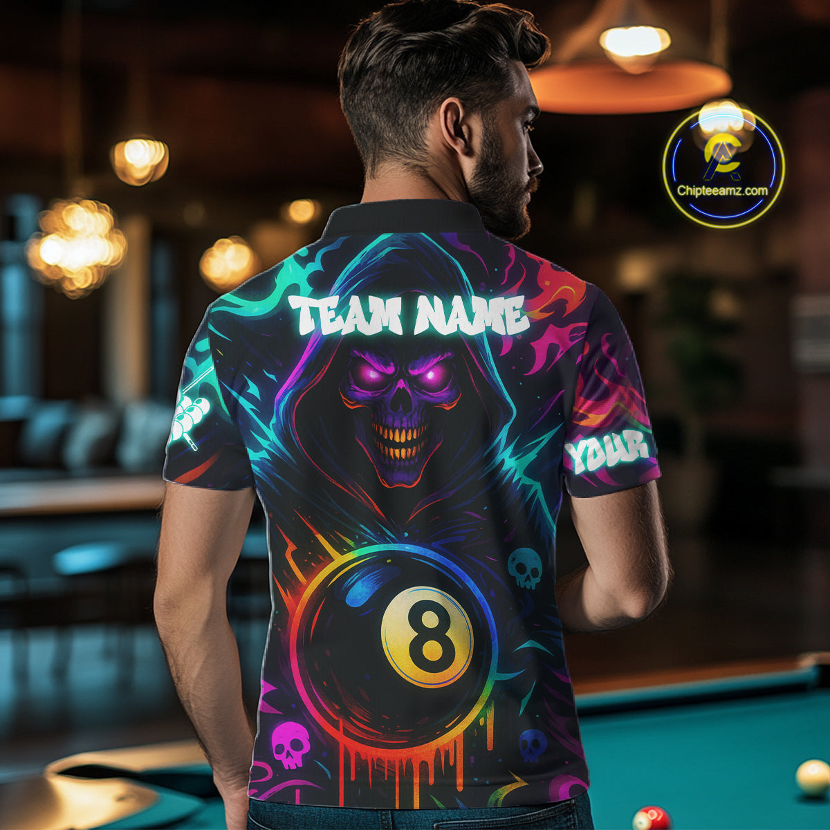 Colorful Neon Grim Reaper 8 Ball Pool Billiard Shirt For Men Custom Billiard Team Jersey TDM4668