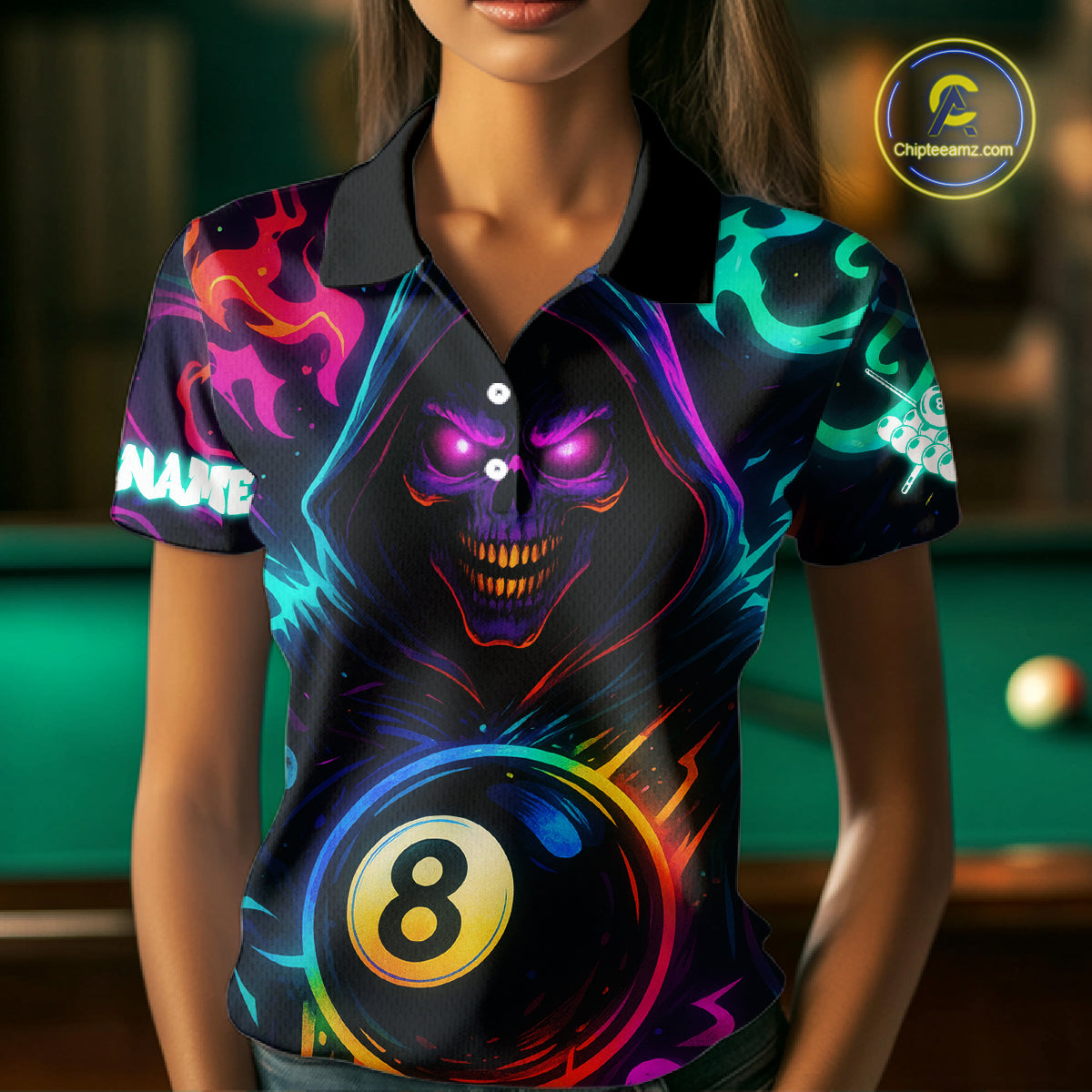 Colorful Neon Grim Reaper 8 Ball Pool Billiard Shirt For Women Custom Billiard Team Jersey TDM4668