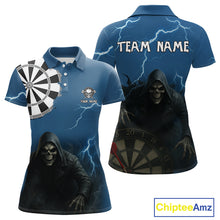 Load image into Gallery viewer, Black And Navy Skeleton Dartboard Darts Shirt For Women - Custom Team &amp; Player Name NYN0351