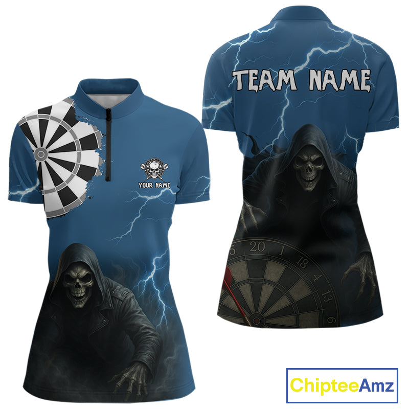 Black And Navy Skeleton Dartboard Darts Shirt For Women - Custom Team & Player Name NYN0351