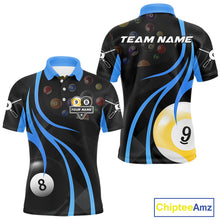 Load image into Gallery viewer, Personalized Billiard 8 Ball &amp; 9 Ball Pool Shirt For Men, Billiard Jersey Team Polo &amp; 1/4 Zip|Blue TDM4456