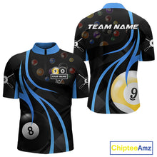 Load image into Gallery viewer, Personalized Billiard 8 Ball &amp; 9 Ball Pool Shirt For Men, Billiard Jersey Team Polo &amp; 1/4 Zip|Blue TDM4456