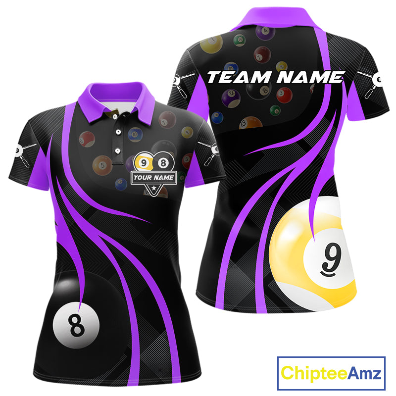 Customized Billiard 8 Ball & 9 Ball Pool Shirt For Women, Billiard Team Jersey Polo & 1/4 Zip|Purple TDM4458