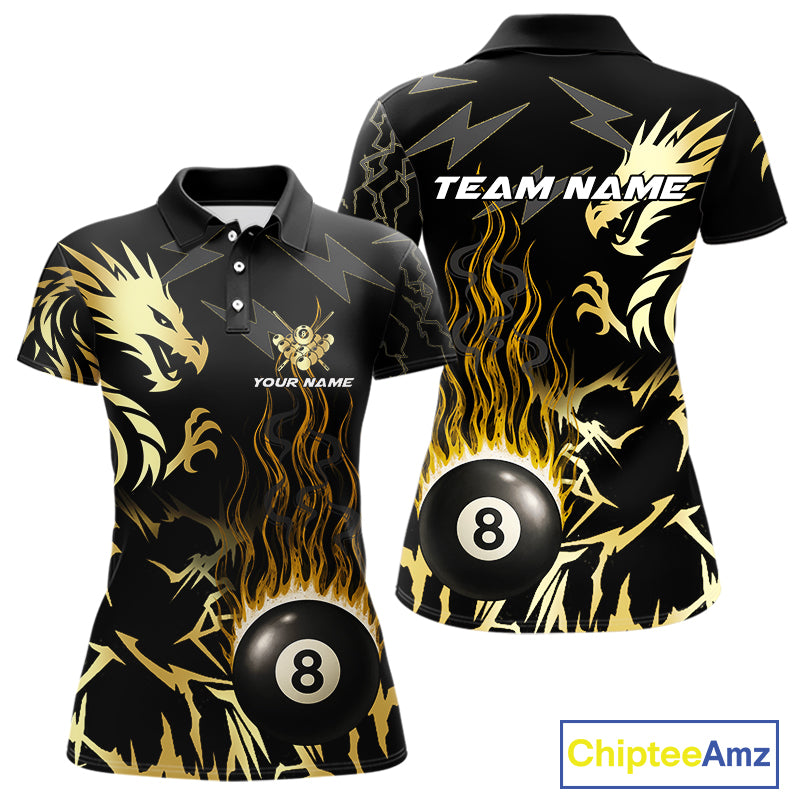 Black And Gold Flame 8 Ball Pool Shirt For Women Custom Dragon Billiards Team Jersey Polo & 1/4 Zip TDM4103