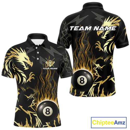 Black And Gold Flame 8 Ball Pool Shirt For Men Custom Dragon Billiards Team Jersey Polo & 1/4 Zip TDM4103