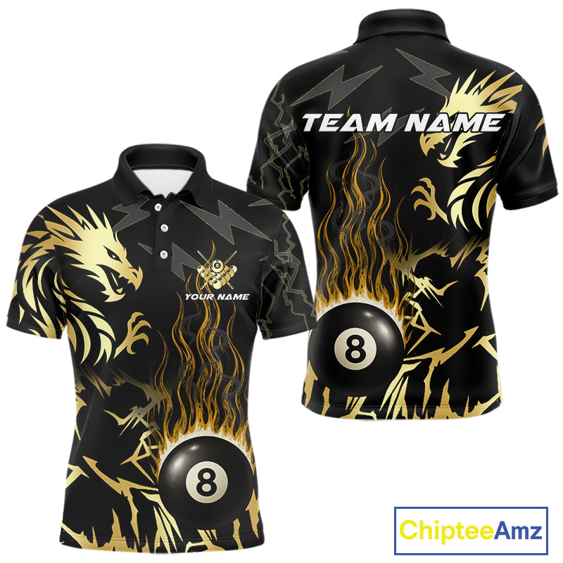 Black And Gold Flame 8 Ball Pool Shirt For Men Custom Dragon Billiards Team Jersey Polo & 1/4 Zip TDM4103