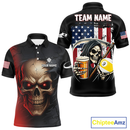 Custom Blue Flaming Grim Reaper 8 Ball Pool Billiard Shirt For Men, Funny Skull Pool Team Jersey TDM4280
