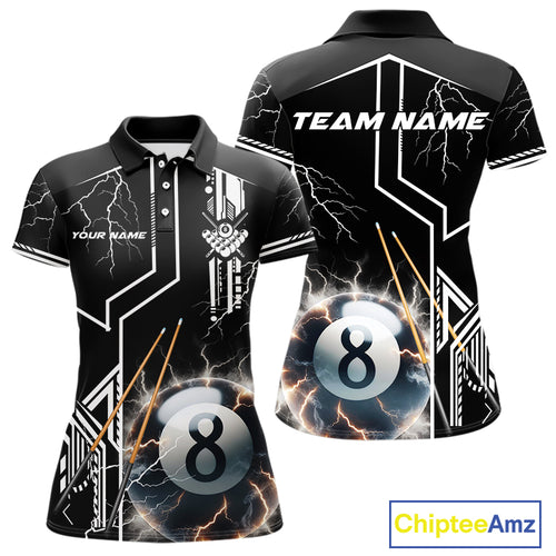 Personalized Thunder Lighting 8 Ball Shirt For Women, White Black Billiard Team Shirts, Pool Jerseys TDM4110