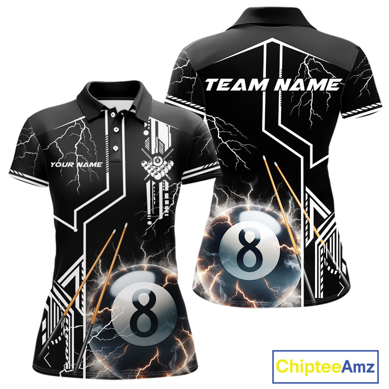 Personalized Thunder Lighting 8 Ball Shirt For Women, White Black Billiard Team Shirts, Pool Jerseys TDM4110