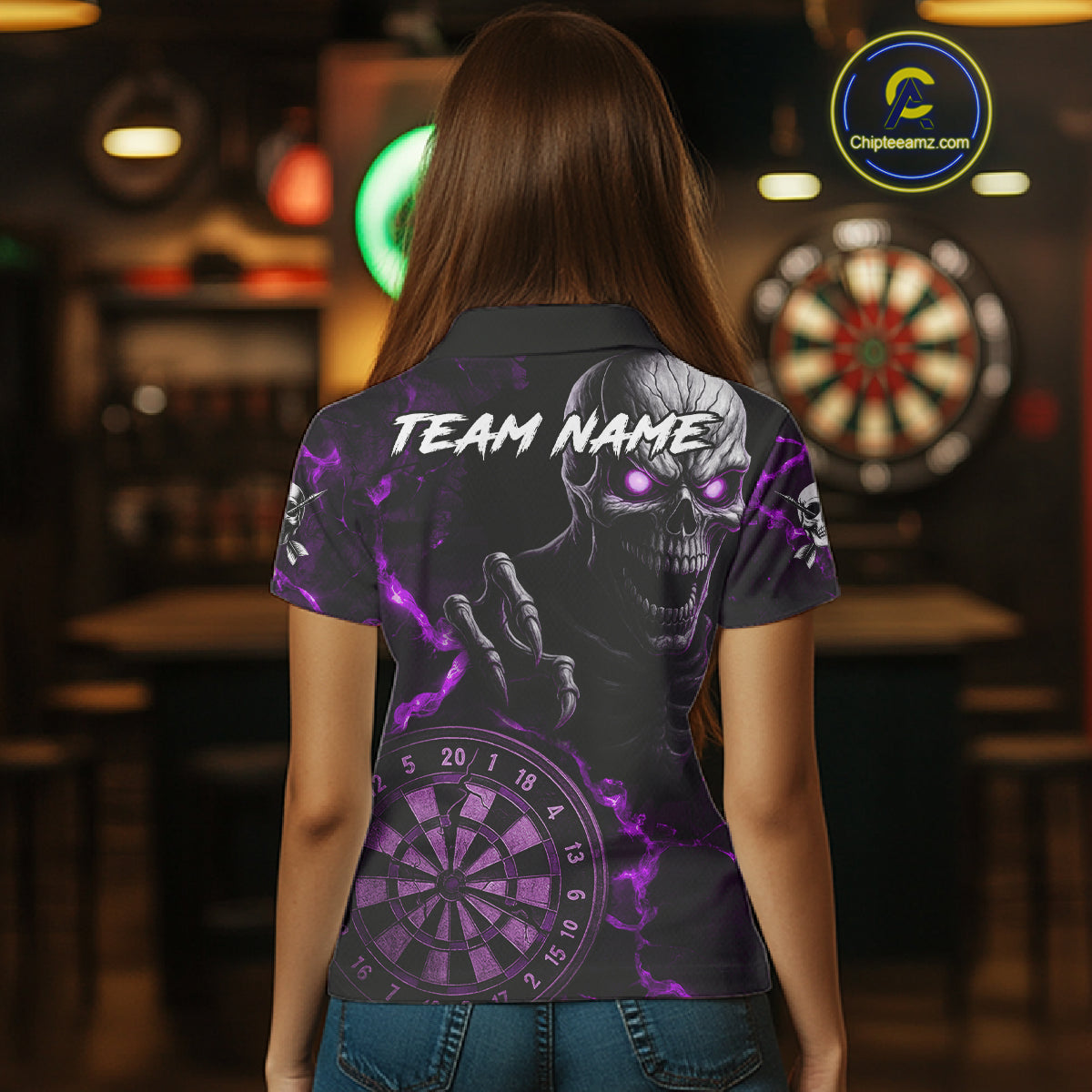 Personalized Skull Darts Polo & Quarter Zip For Women Custom Fire Darts League Team Jersey |Purple TDM4720