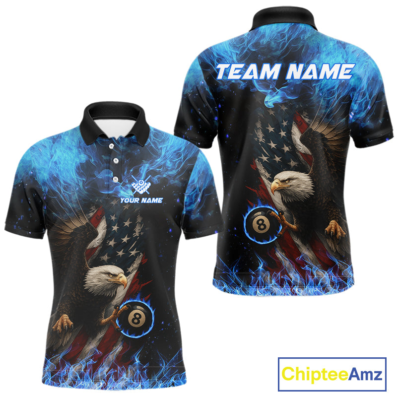 Blue Flaming American Flag Eagle Billiard Shirt For Men Custom 8 Ball Pool Jersey Polo & 1/4 Zip TDM4298