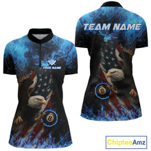 Load image into Gallery viewer, Blue Flaming American Flag Eagle Billiard Shirt For Women Custom 8 Ball Pool Jersey Polo &amp; 1/4 Zip TDM4298