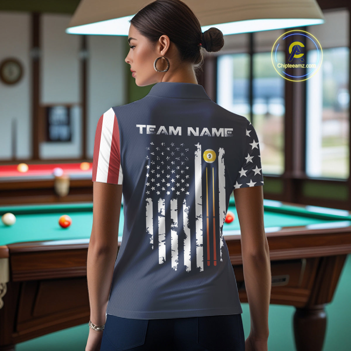 Personalized American Flag Blue Navy 9 Ball Pool Team Shirt For Women Custom Patriotic Billiard Shirt TDM4735