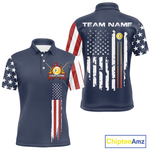 Personalized American Flag Blue Navy 9 Ball Pool Team Shirt For Men Custom Patriotic Billiard Shirt TDM4735