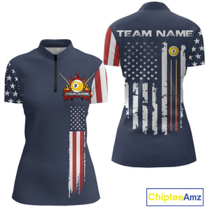 Personalized American Flag Blue Navy 9 Ball Pool Team Shirt For Women Custom Patriotic Billiard Shirt TDM4735