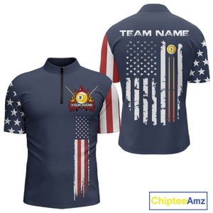 Personalized American Flag Blue Navy 9 Ball Pool Team Shirt For Men Custom Patriotic Billiard Shirt TDM4735